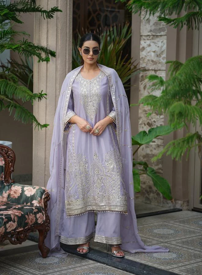 Dw  Women Floral Embroidered Straight Kurta and Palazzos with Dupatta Set for Women | Best Price UAE